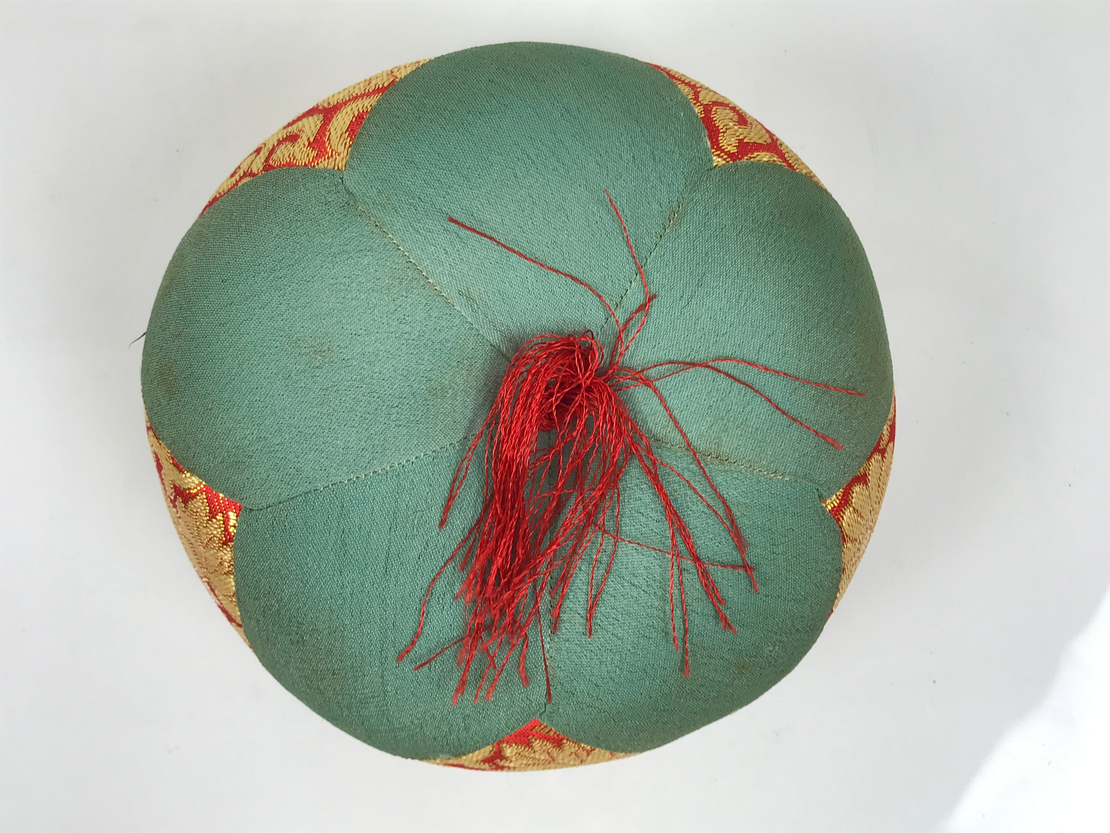 Japanese Buddhist Orin Bell Singing Bowl Fabric Pillow Vtg Teal Red Gold BA887