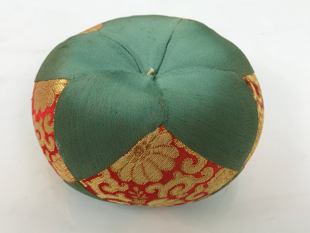 Japanese Buddhist Orin Bell Singing Bowl Fabric Pillow Vtg Teal Red Gold BA887