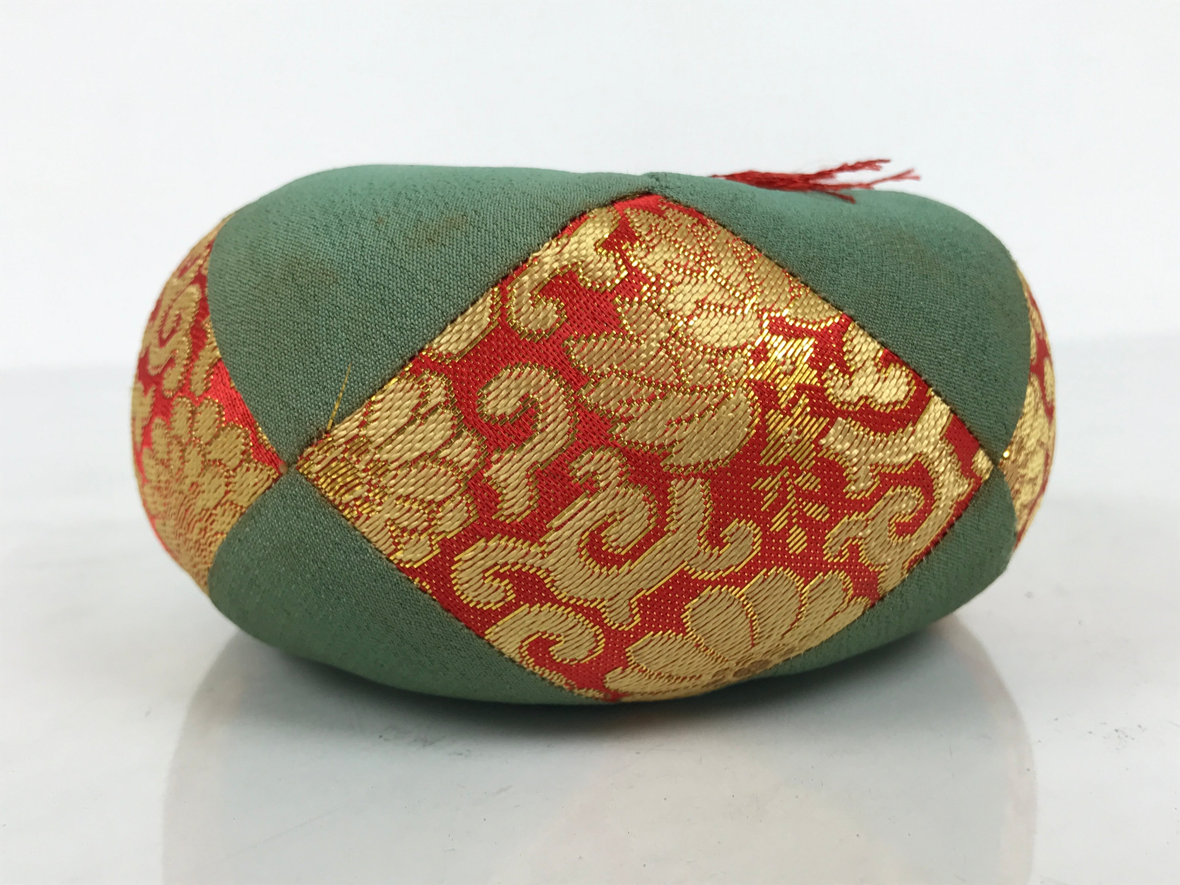 Japanese Buddhist Orin Bell Singing Bowl Fabric Pillow Vtg Teal Red Gold BA887