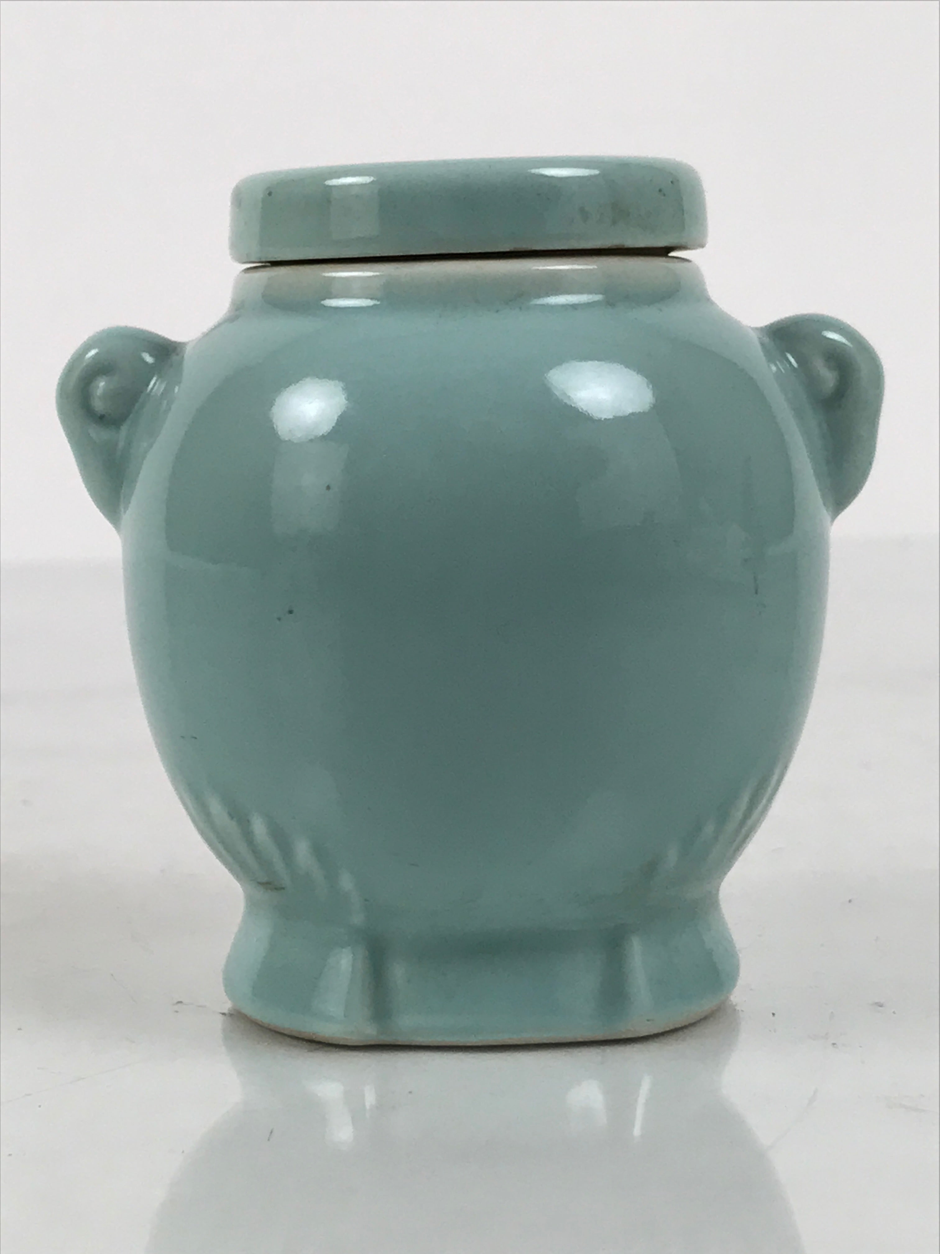 Japanese Buddhist Porcelain Matchstick Disposal Jar Hikeshi Celadon Blue BA921