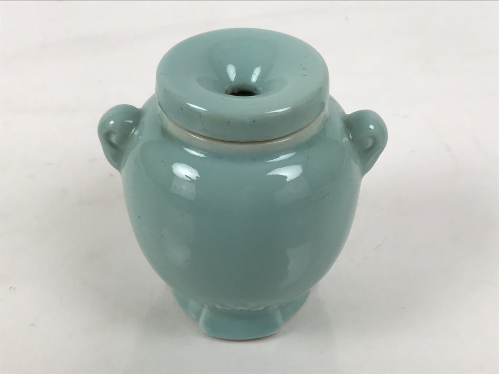 Japanese Buddhist Porcelain Matchstick Disposal Jar Hikeshi Celadon Blue BA921