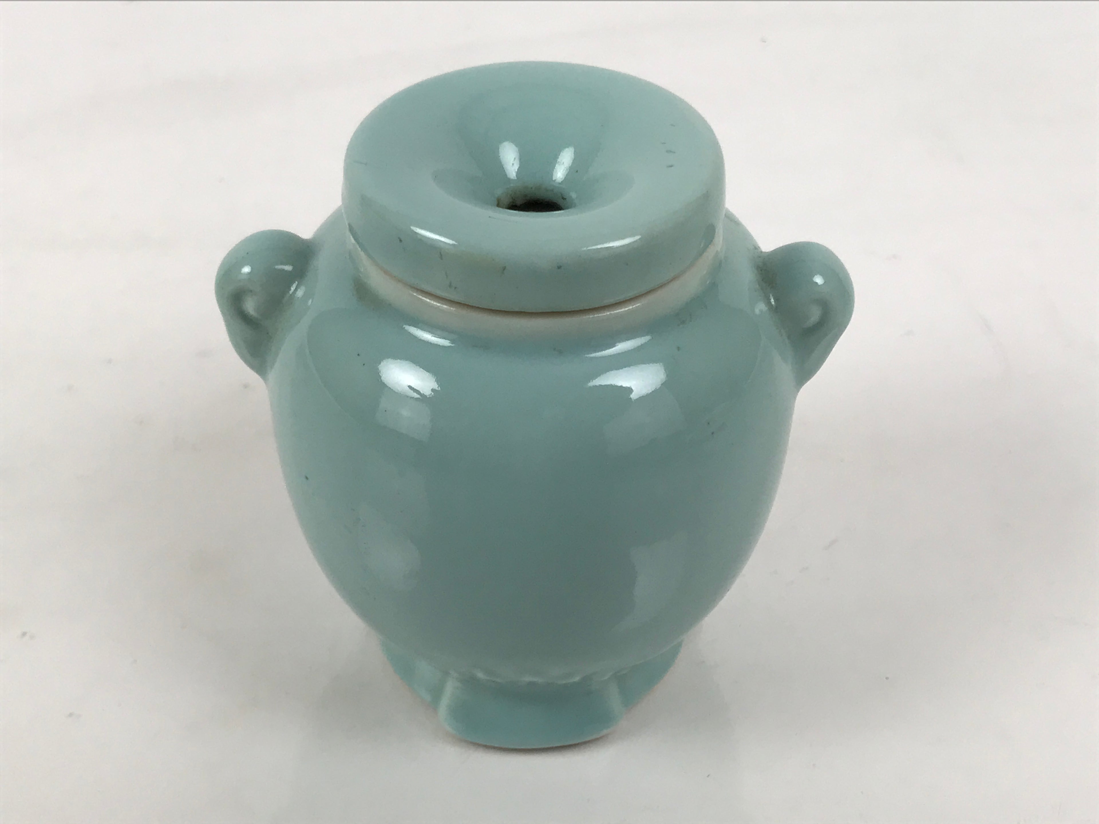 Japanese Buddhist Porcelain Matchstick Disposal Jar Hikeshi Celadon Blue BA921