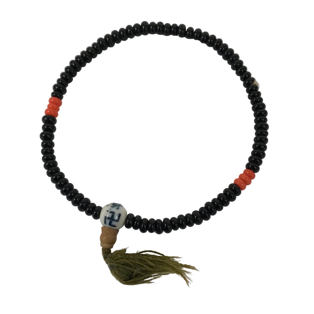 Japanese Buddhist Prayer Bracelet Vtg Juzu Black Orange Glass Beads Tassel JZ183