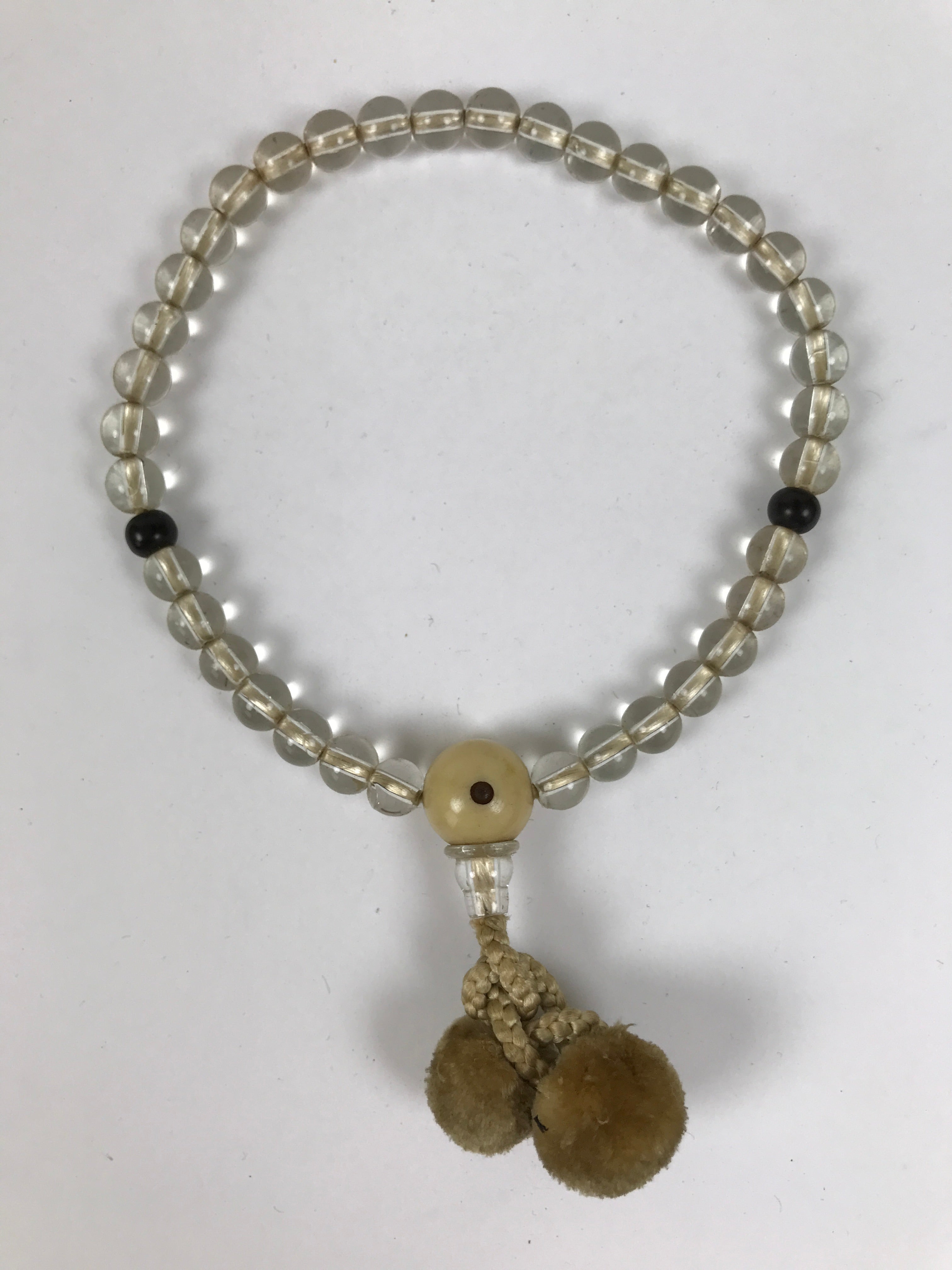 Japanese Buddhist Prayer Bracelet Vtg Juzu Clear Glass Beads Beige Tassel JZ187