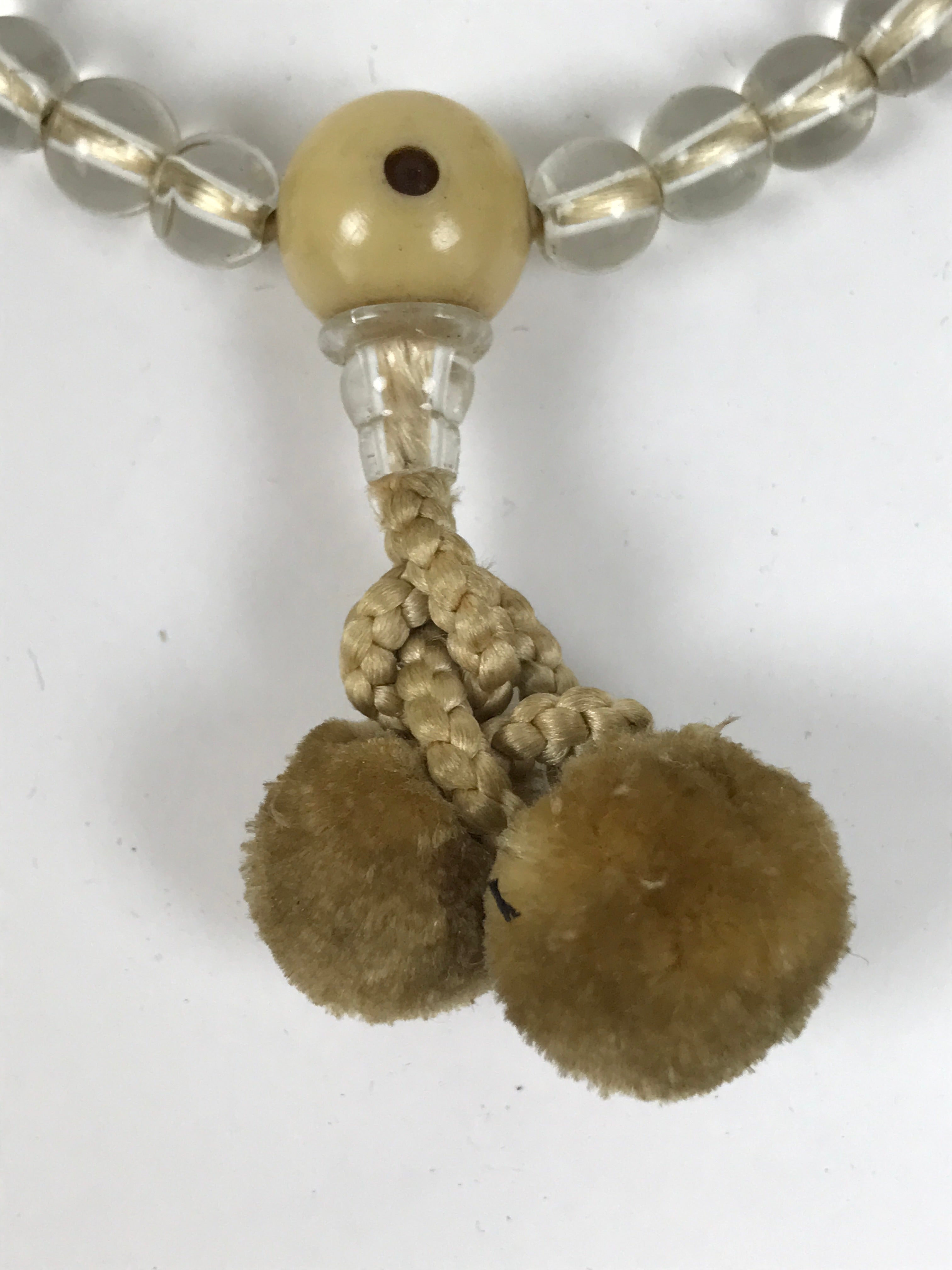 Japanese Buddhist Prayer Bracelet Vtg Juzu Clear Glass Beads Beige Tassel JZ187