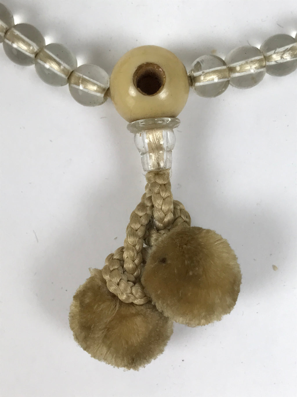Japanese Buddhist Prayer Bracelet Vtg Juzu Clear Glass Beads Beige Tassel JZ187