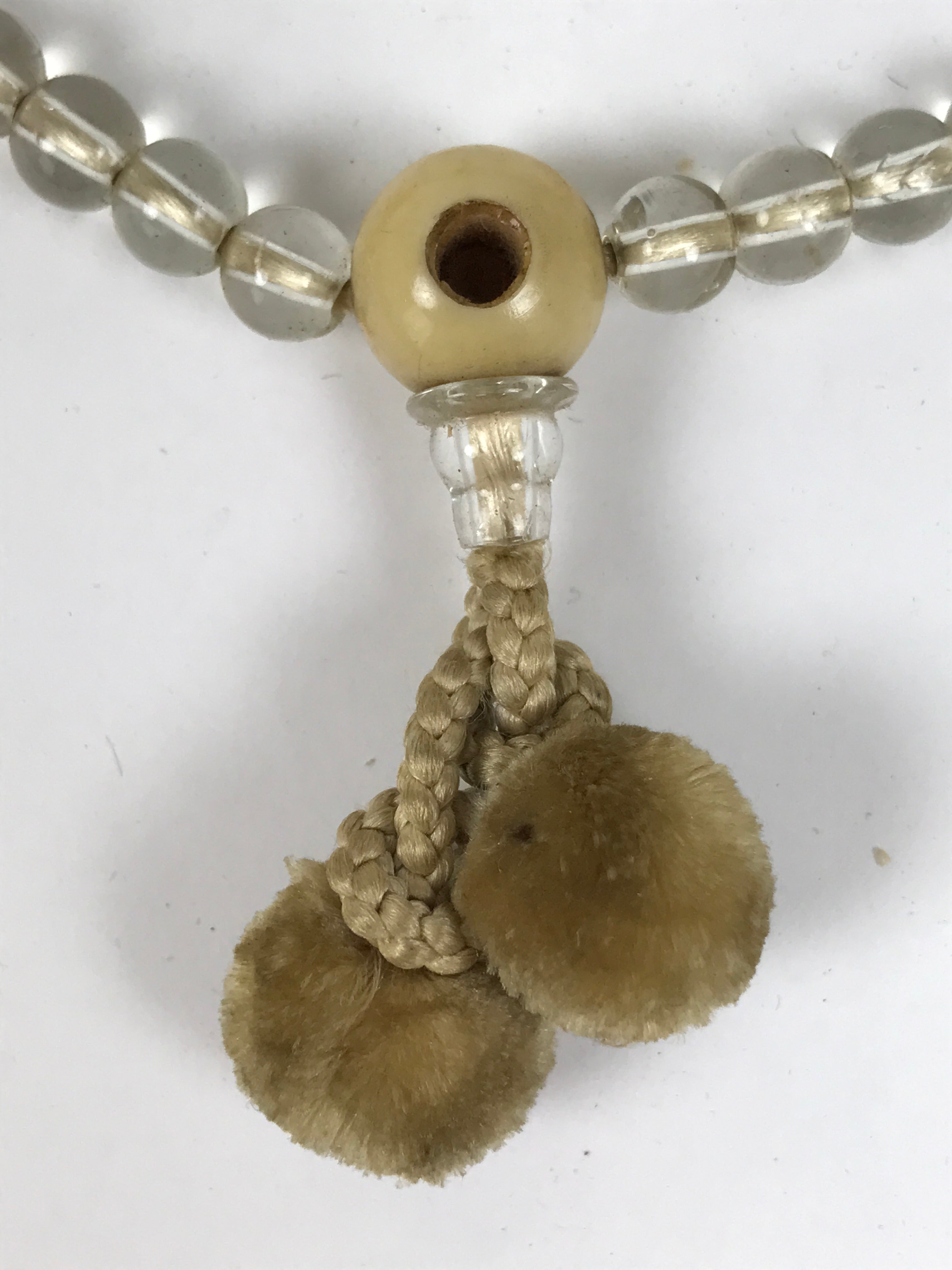 Japanese Buddhist Prayer Bracelet Vtg Juzu Clear Glass Beads Beige Tassel JZ187