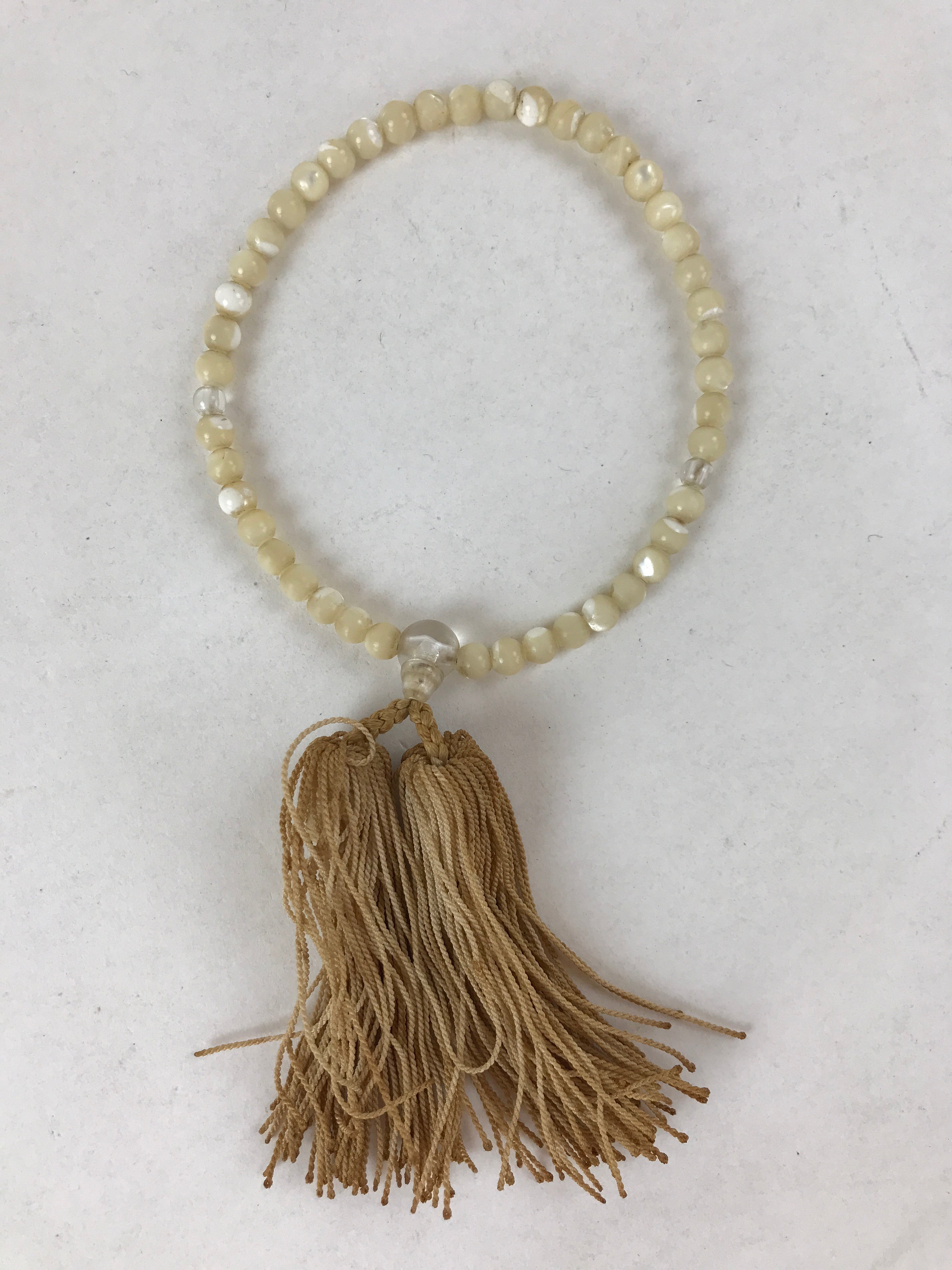 Japanese Buddhist Prayer Bracelet Vtg Rosary Juzu Beige Clear Cream Tassel JZ142