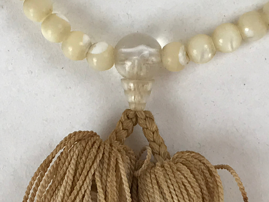 Japanese Buddhist Prayer Bracelet Vtg Rosary Juzu Beige Clear Cream Tassel JZ142