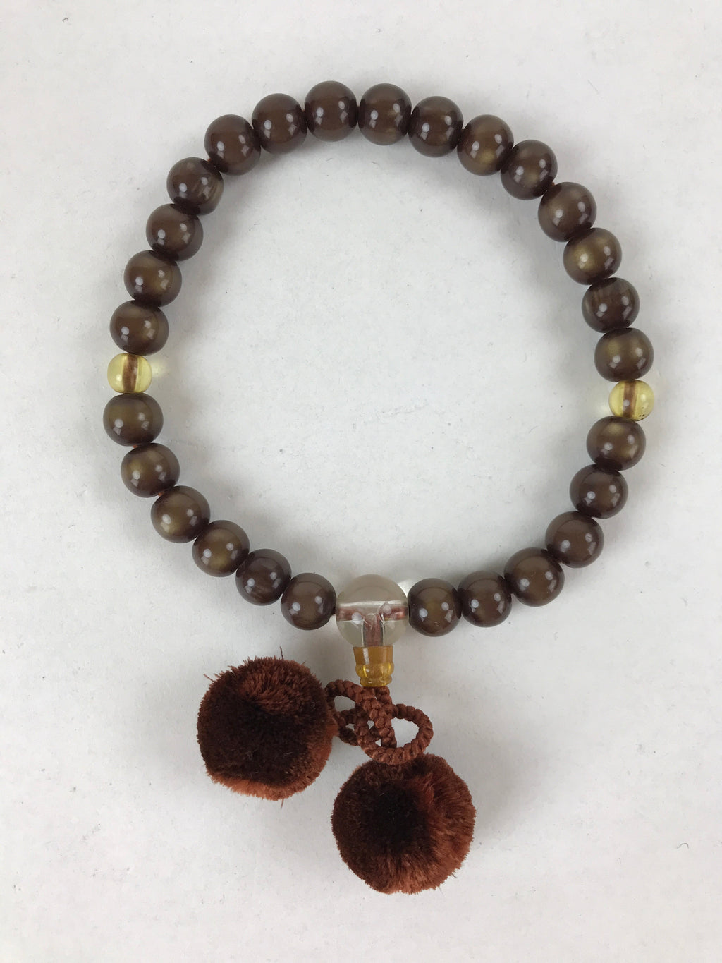 Japanese Buddhist Prayer Bracelet Vtg Rosary Juzu Brown Iridescent Pompoms JZ143