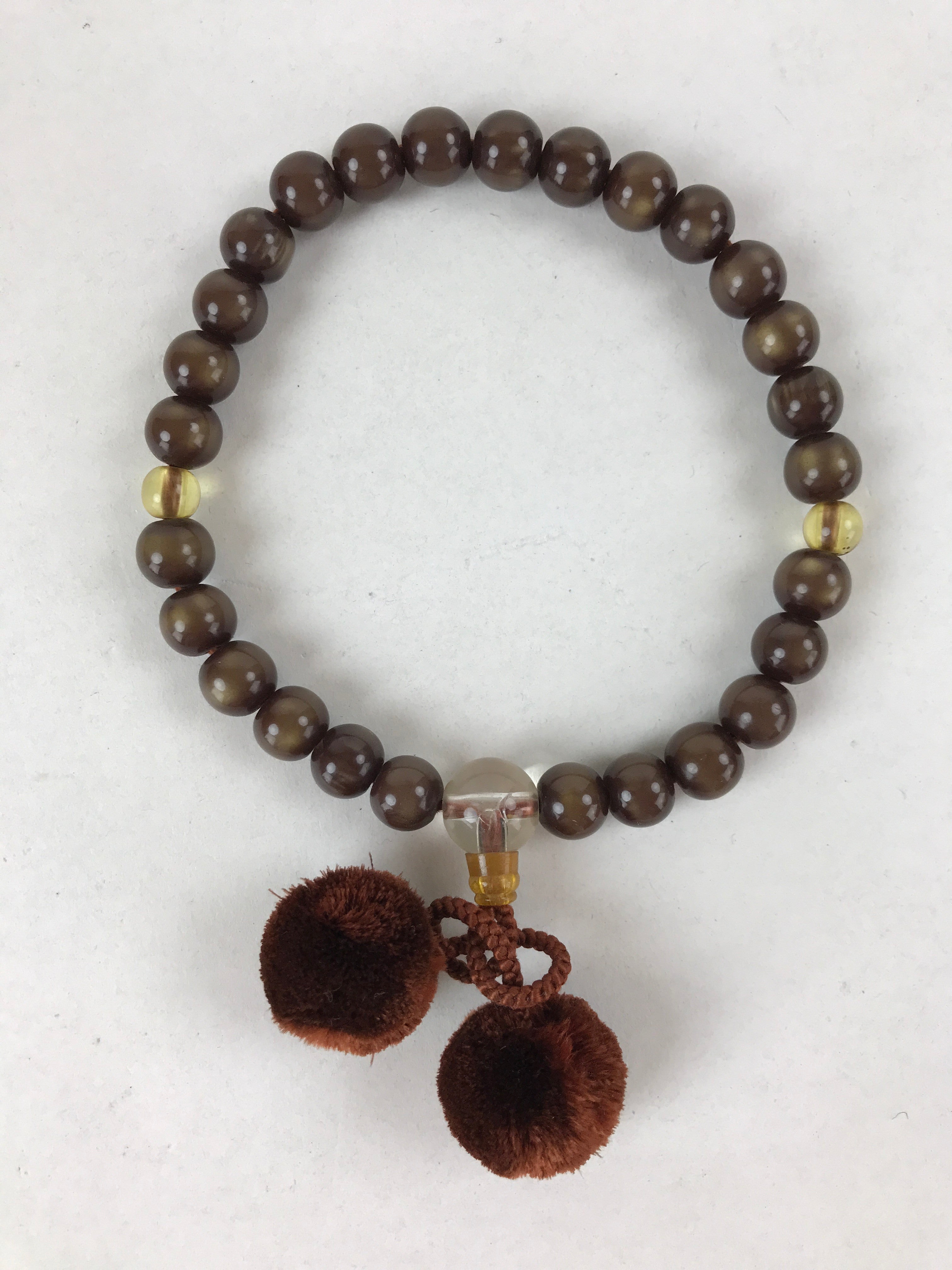 Japanese Buddhist Prayer Bracelet Vtg Rosary Juzu Brown Iridescent Pompoms JZ143