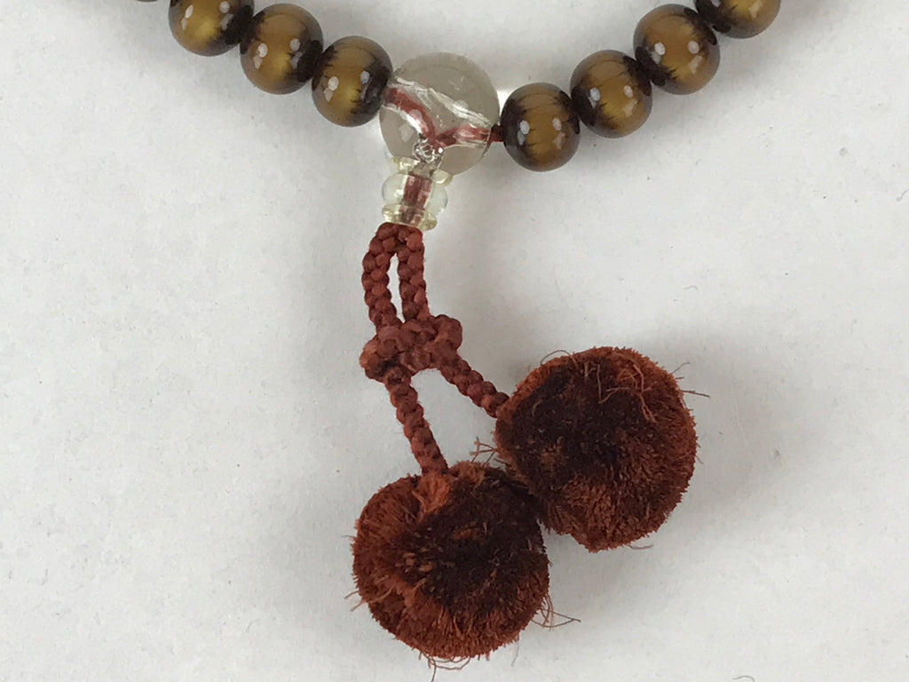 Japanese Buddhist Prayer Bracelet Vtg Rosary Juzu Tiger Eye Brown Pompoms JZ144