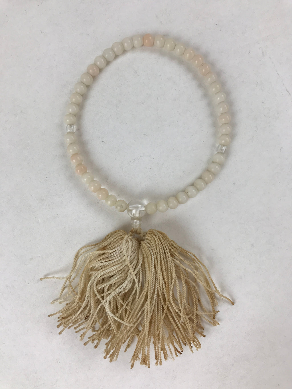 Japanese Buddhist Prayer Bracelet Vtg Rosary Juzu White Clear Beige Tassel JZ140