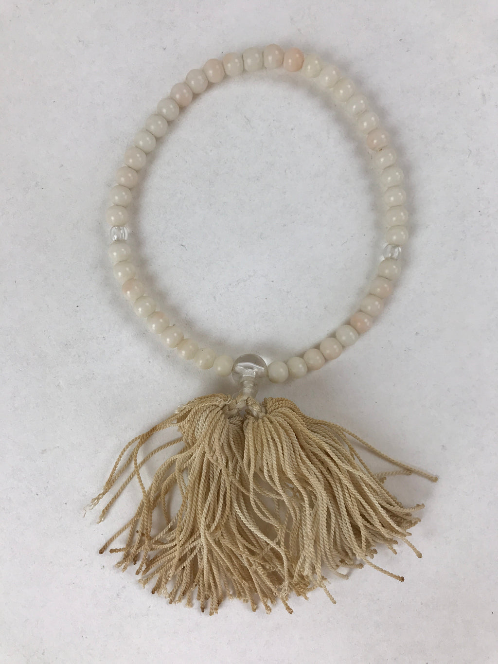 Japanese Buddhist Prayer Bracelet Vtg Rosary Juzu White Clear Beige Tassel JZ140