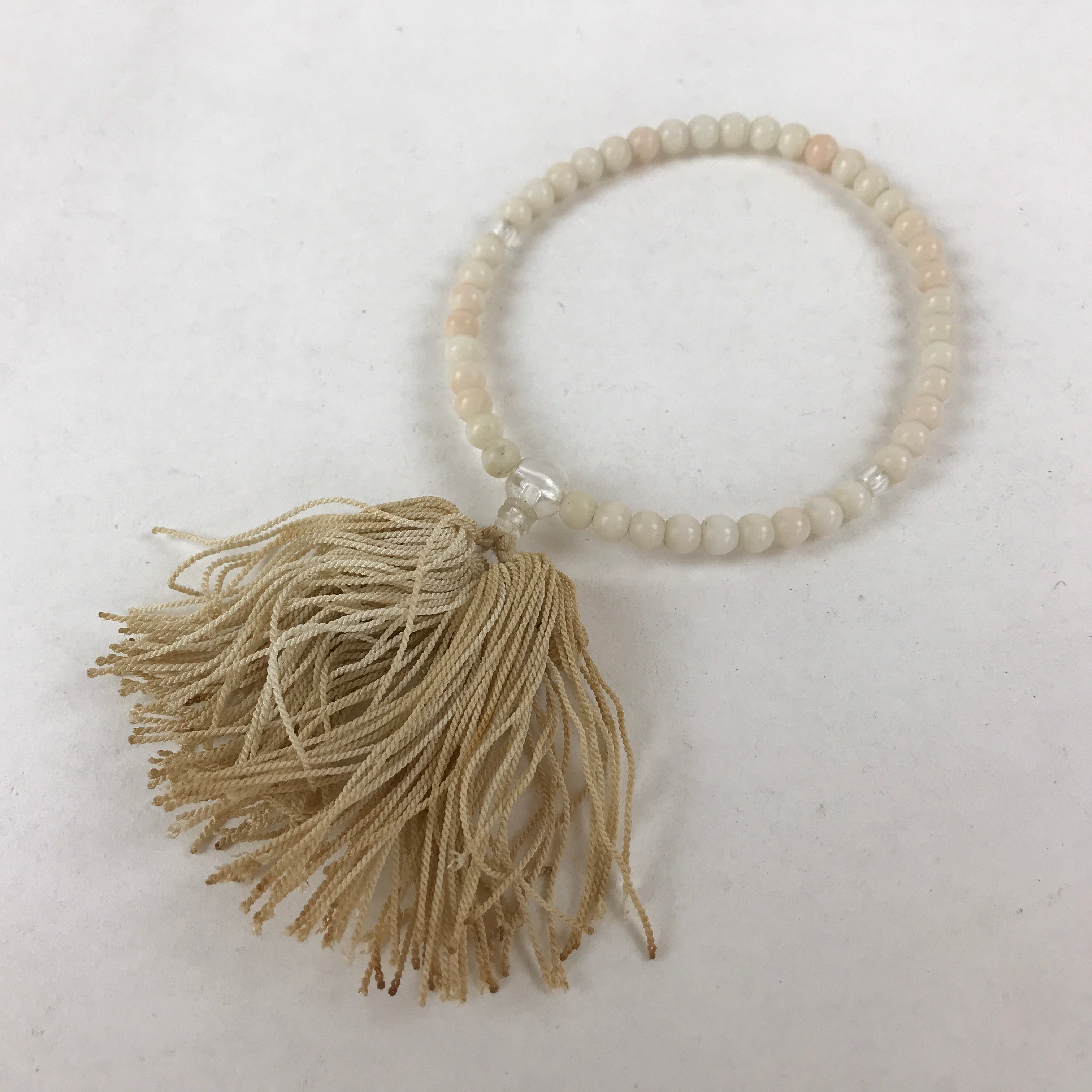 Japanese Buddhist Prayer Bracelet Vtg Rosary Juzu White Clear Beige Tassel JZ140