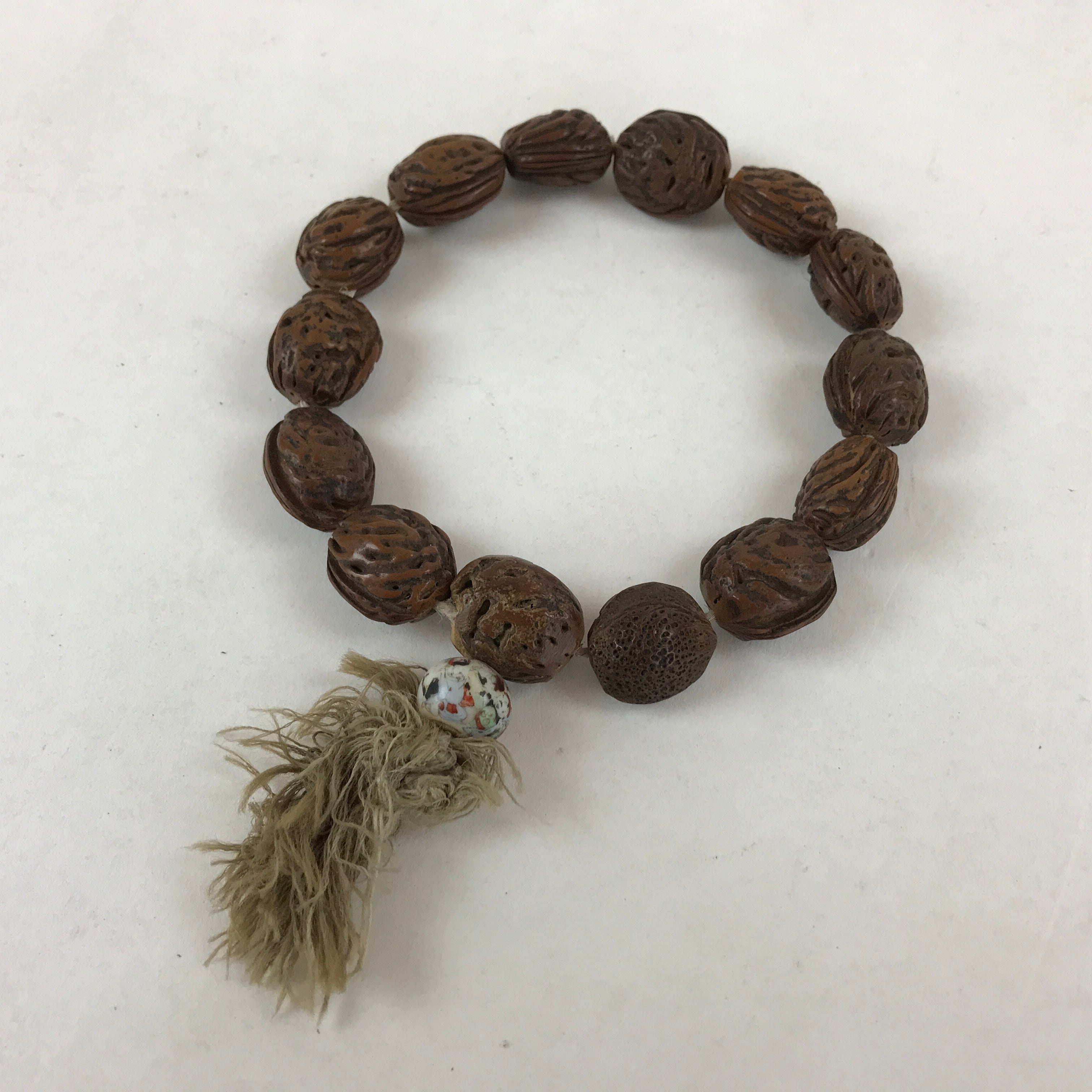 Japanese Buddhist Prayer Juzu Beads Fruit Kernel Vtg Rosary Bracelet Brown JZ126