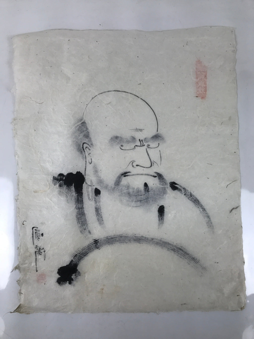 Japanese Calligraphy Bodhidharma Daruma Portrait Vtg Buddhist Black White FL365