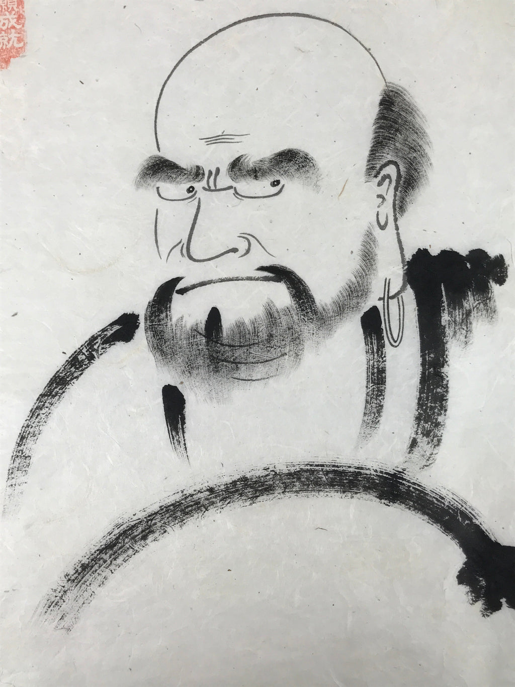 Japanese Calligraphy Bodhidharma Daruma Portrait Vtg Buddhist Black White FL365