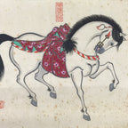 Japanese Calligraphy Painting Horse Vtg Good Fortune Paper Ema Burgundy FL370
