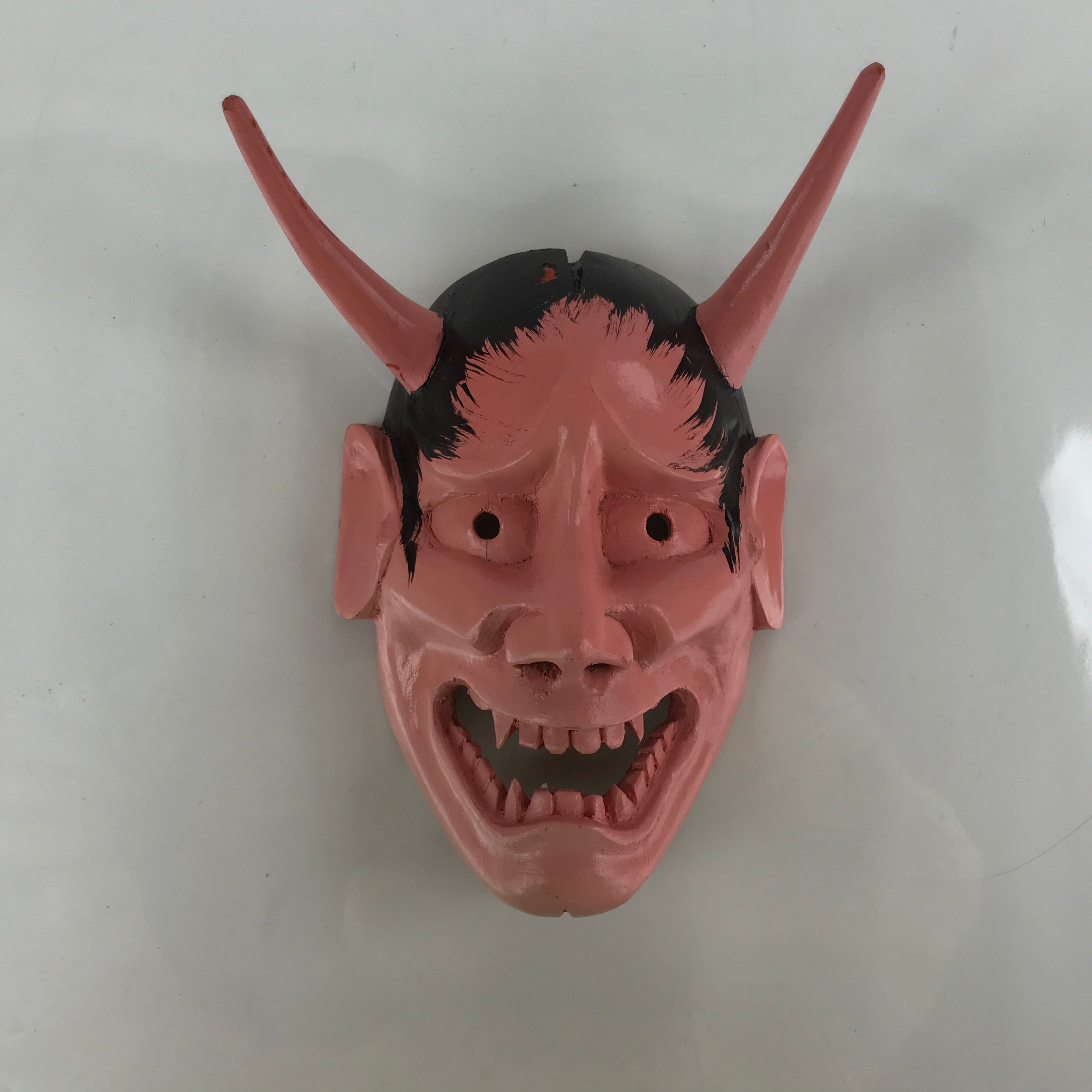 Japanese Carved Painted Wooden Noh Mask Hannya Vtg Angry Demon Pink OM50