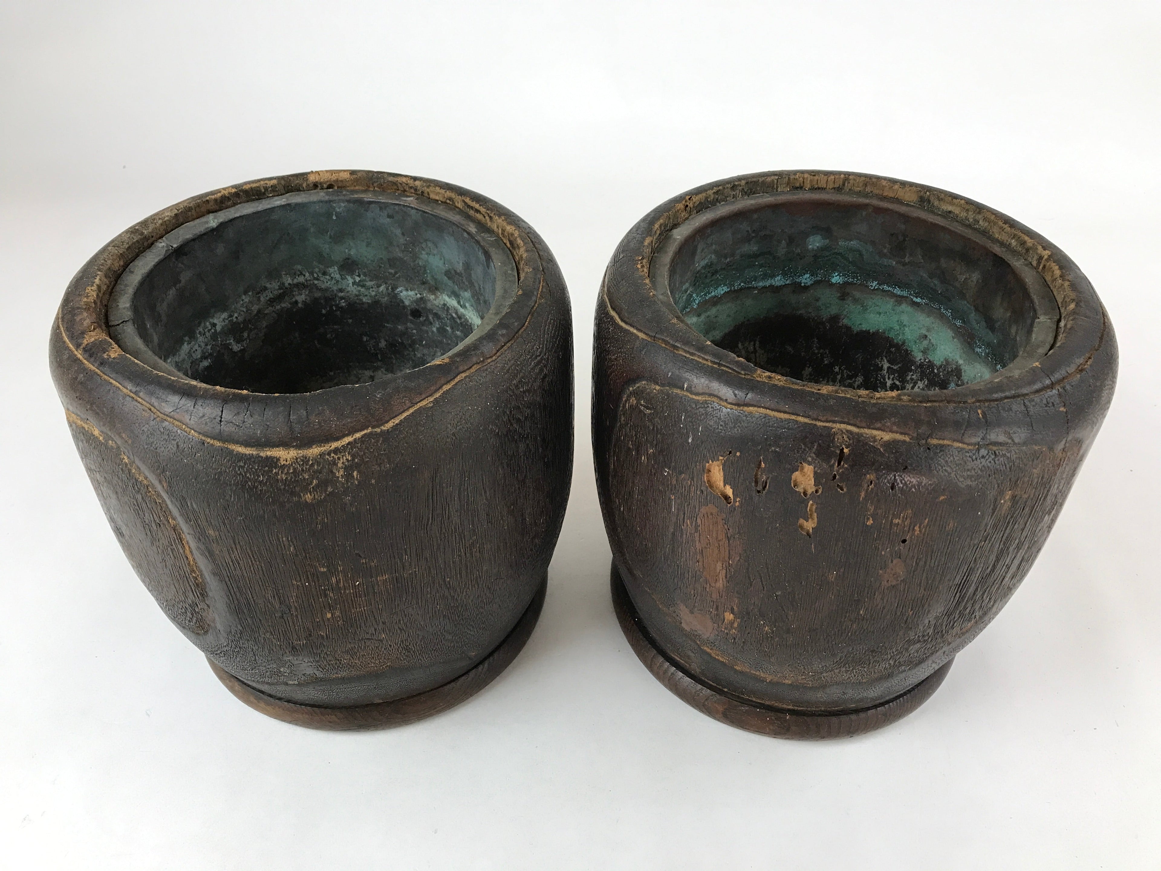 Japanese Carved Wooden Brazier Fire Pit Vtg Hibachi Copper Insert 2pc Set H46