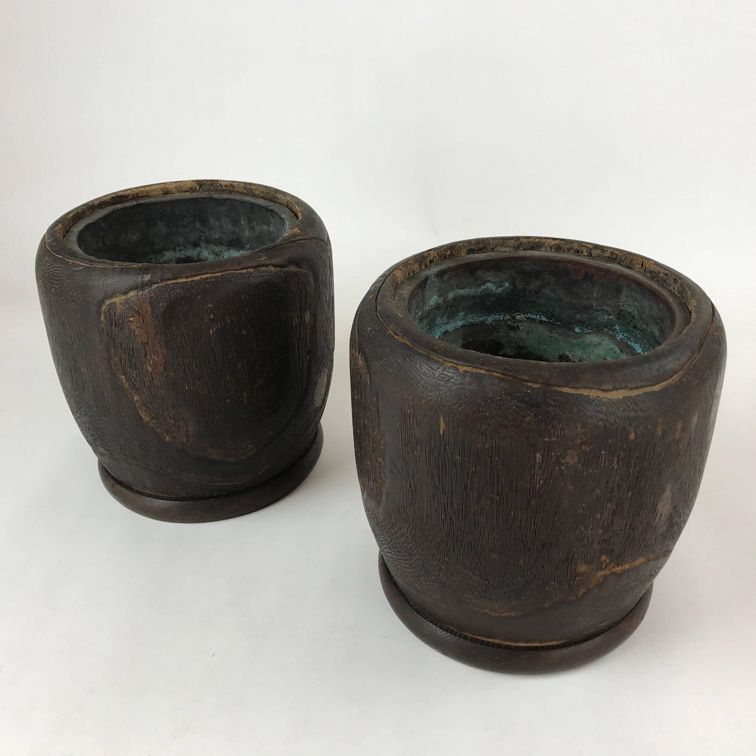Japanese Carved Wooden Brazier Fire Pit Vtg Hibachi Copper Insert 2pc Set H46
