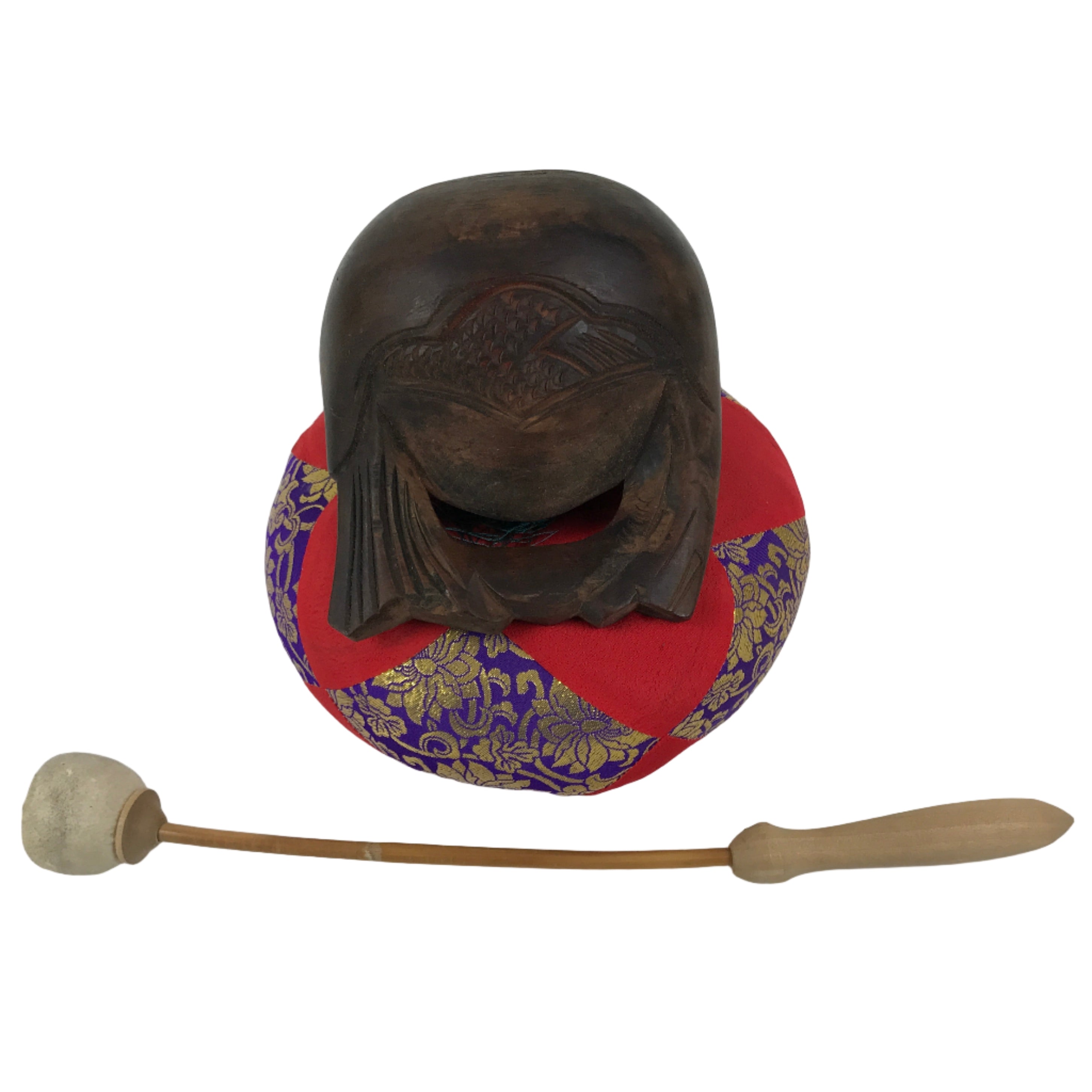 Japanese Carved Wooden Buddhist Drum Mokugyo Set Vtg Altar Fitting Butsugu BA847