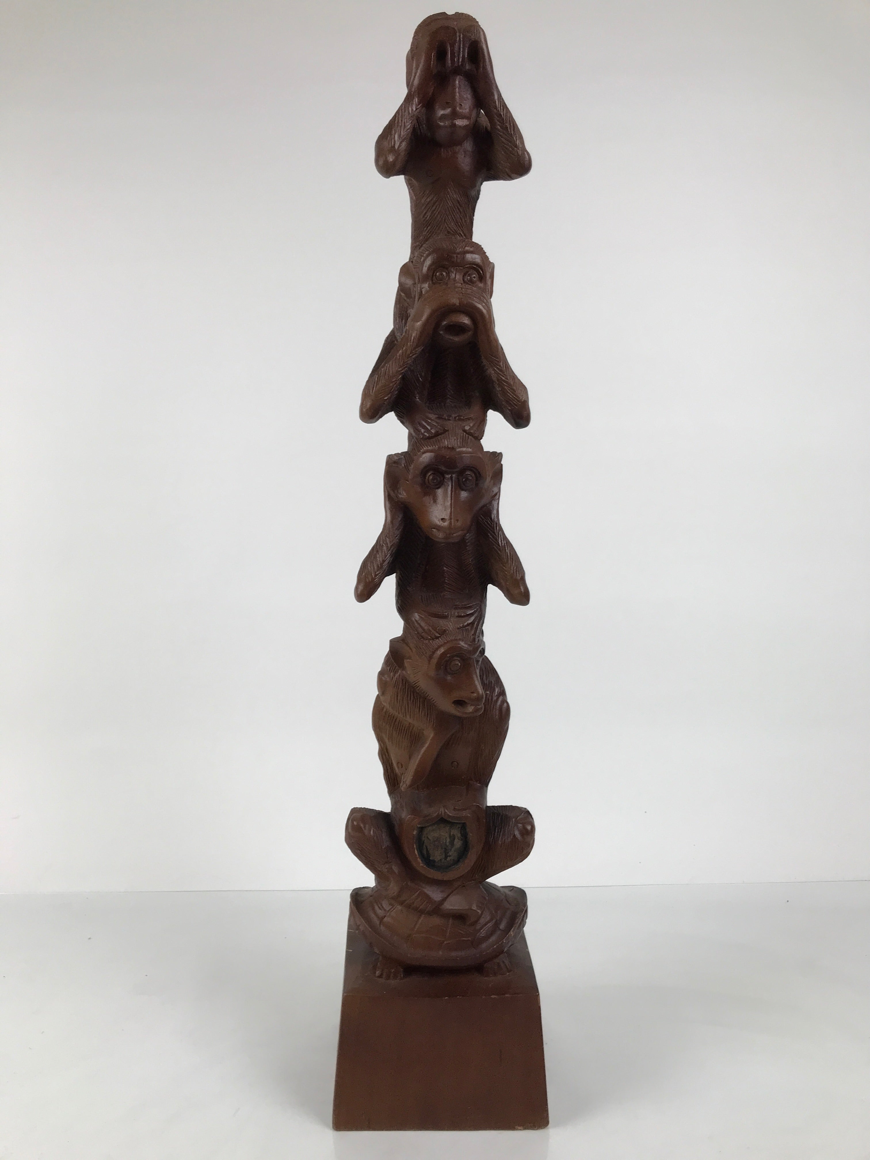 Japanese Carved Wooden Large Statue 4 Monkeys Stacked Vtg Wisdom Brown ST94