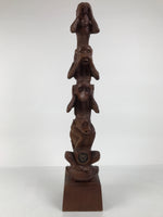 Japanese Carved Wooden Large Statue 4 Monkeys Stacked Vtg Wisdom Brown ST94