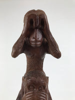 Japanese Carved Wooden Large Statue 4 Monkeys Stacked Vtg Wisdom Brown ST94