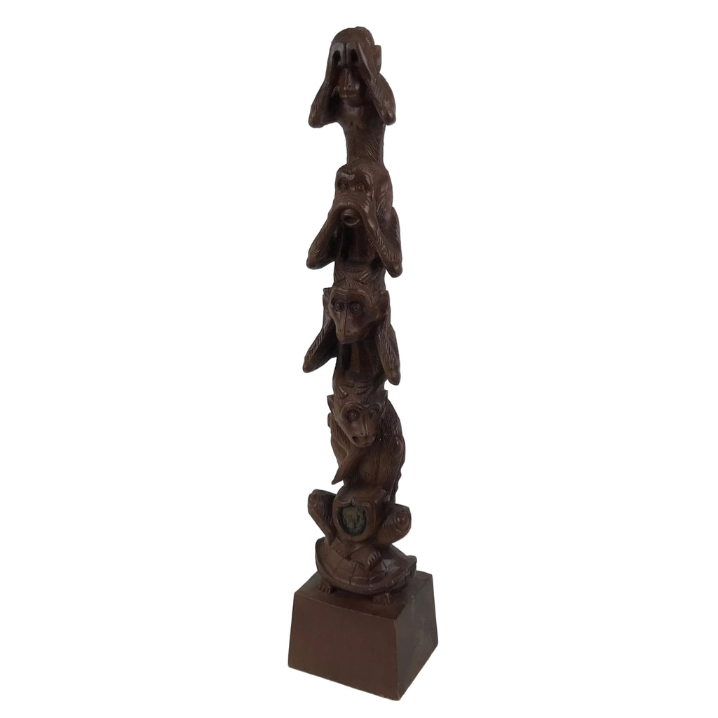 Japanese Carved Wooden Large Statue 4 Monkeys Stacked Vtg Wisdom Brown ST94