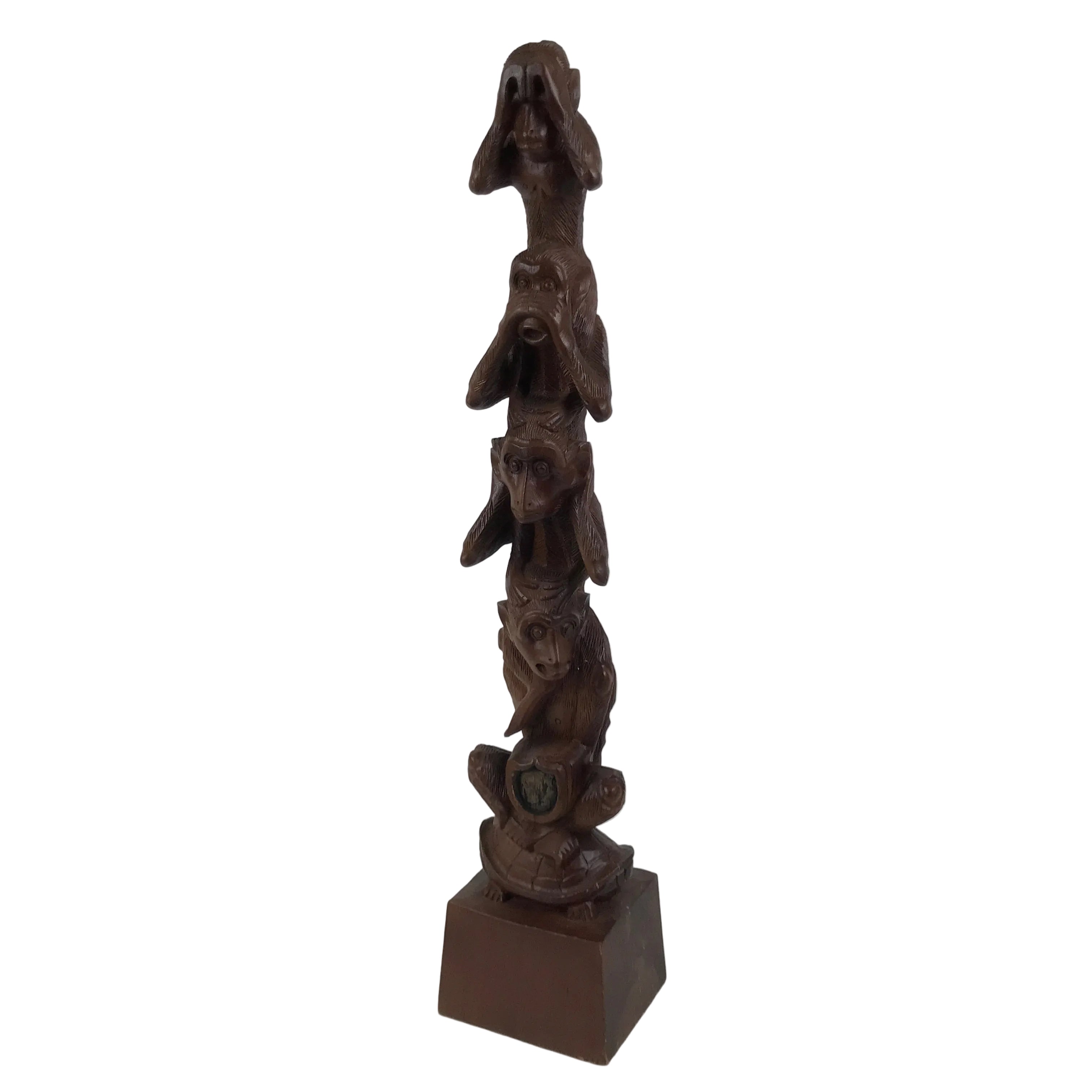 Japanese Carved Wooden Large Statue 4 Monkeys Stacked Vtg Wisdom Brown ST94