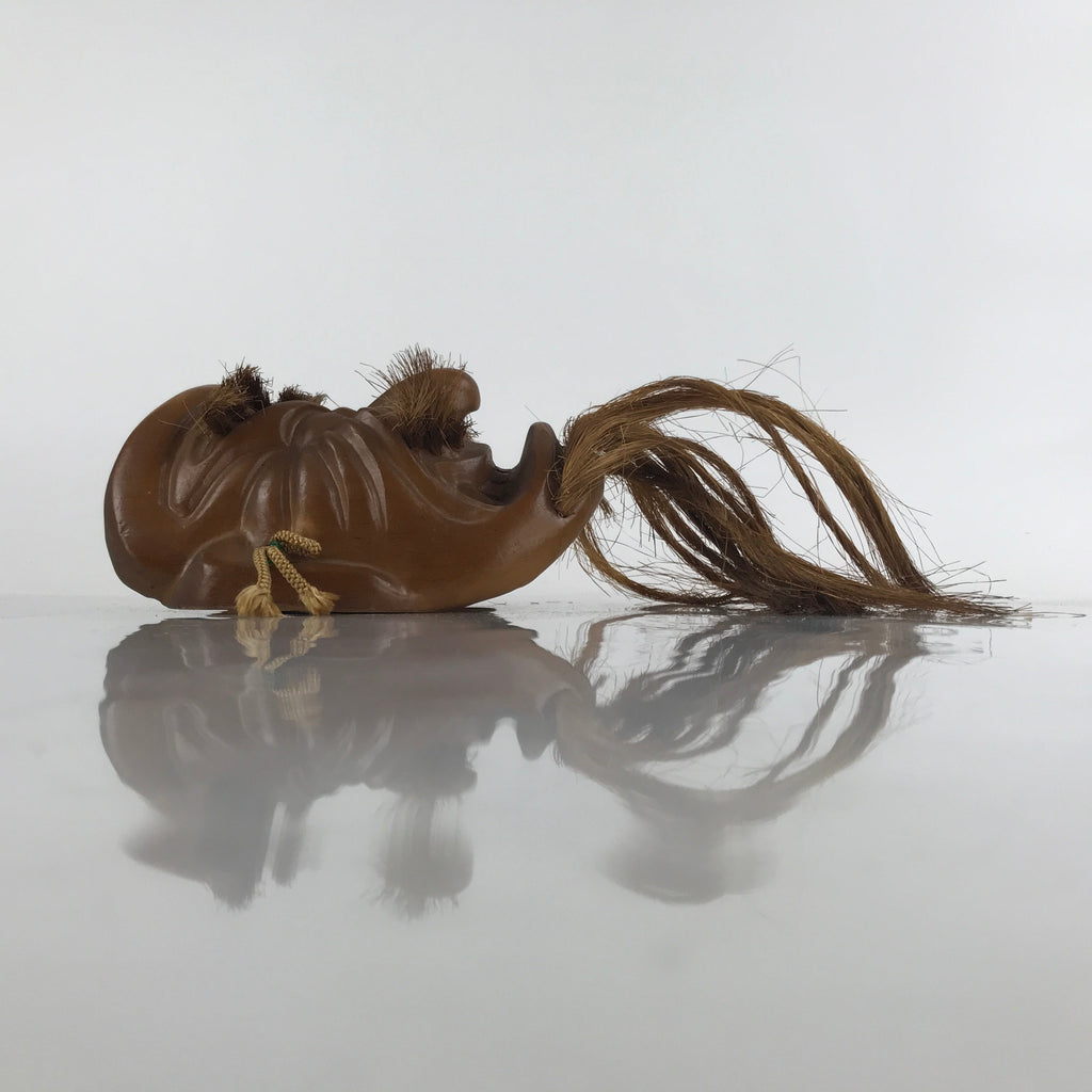Japanese Carved Wooden Noh Mask Vtg Old Man Kagura Bugaku Straw Hair Brown OM57