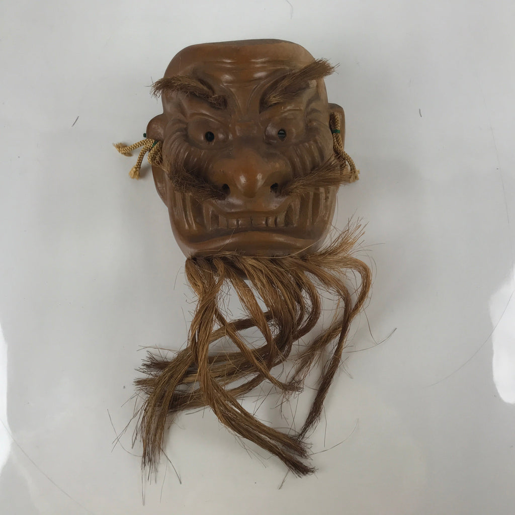 Japanese Carved Wooden Noh Mask Vtg Old Man Kagura Bugaku Straw Hair Brown OM57