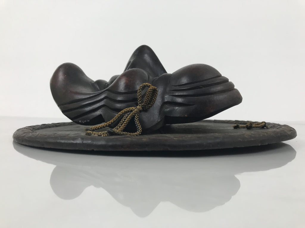 Japanese Carved Wooden Noh Mask Vtg Old Man Nohmen Brown Round Stand Kagura OM97