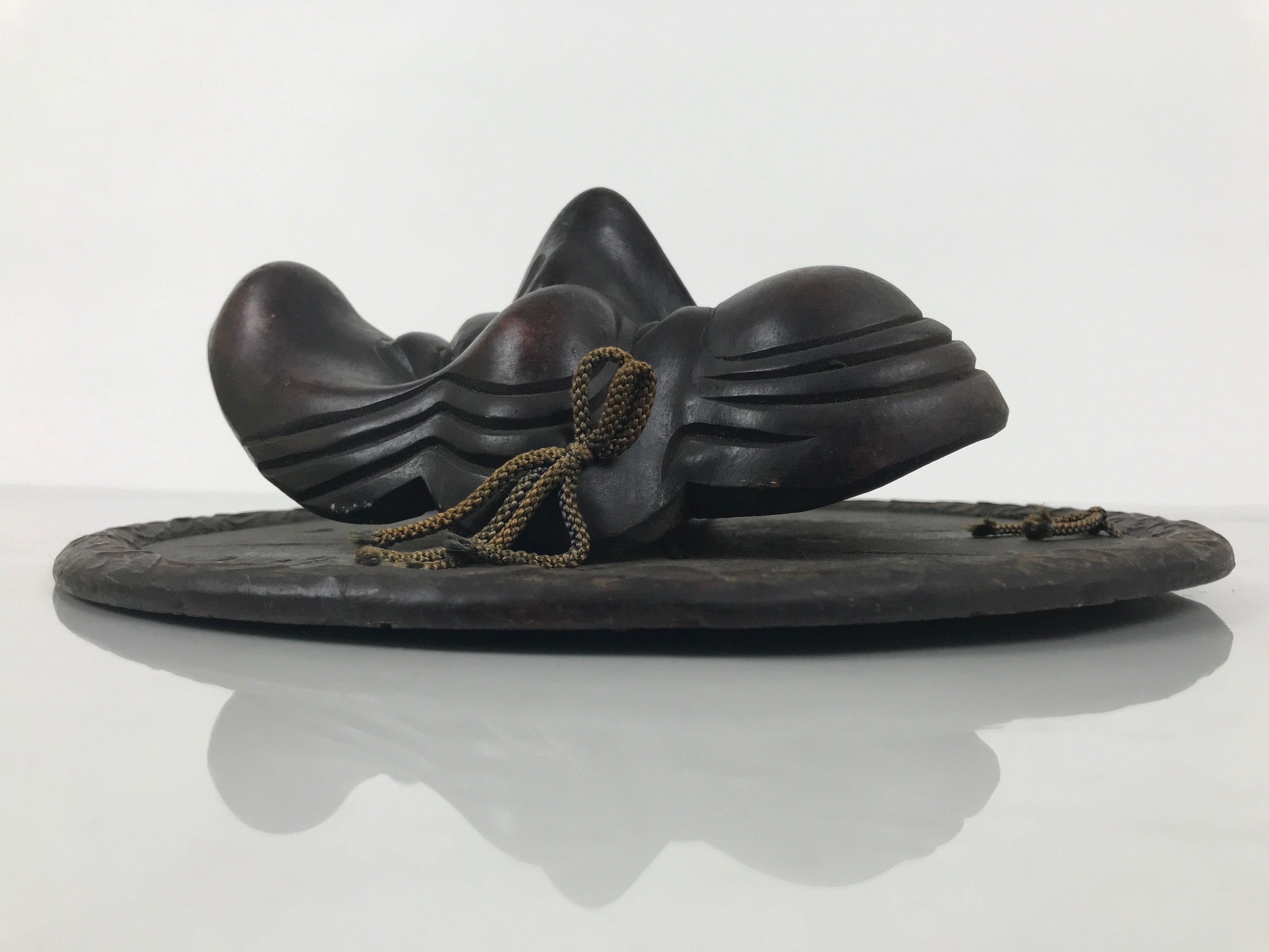 Japanese Carved Wooden Noh Mask Vtg Old Man Nohmen Brown Round Stand Kagura OM97