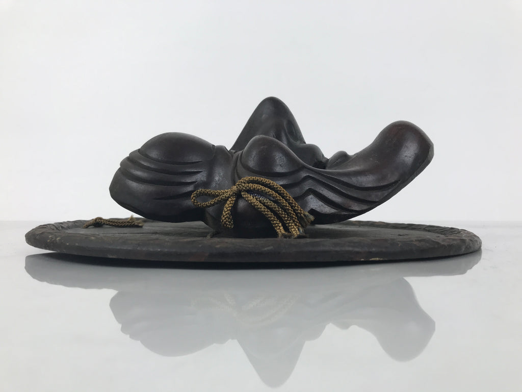 Japanese Carved Wooden Noh Mask Vtg Old Man Nohmen Brown Round Stand Kagura OM97