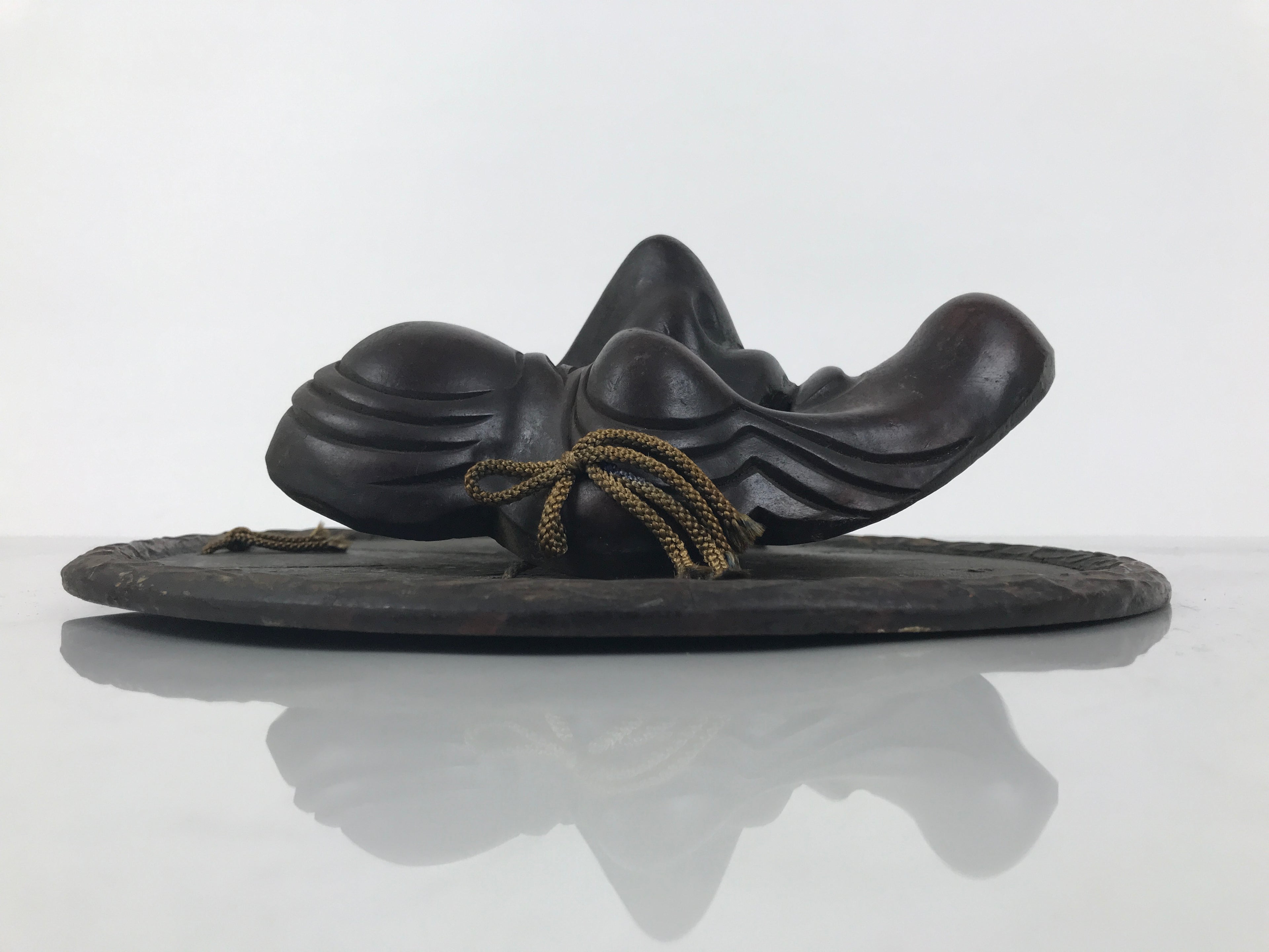 Japanese Carved Wooden Noh Mask Vtg Old Man Nohmen Brown Round Stand Kagura OM97