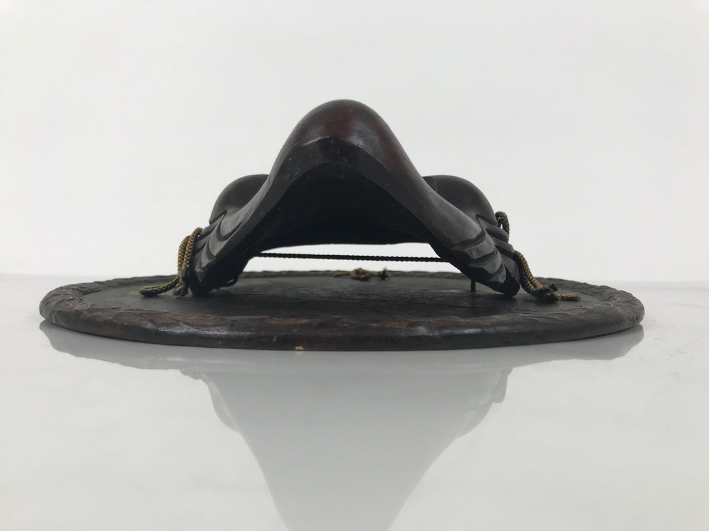 Japanese Carved Wooden Noh Mask Vtg Old Man Nohmen Brown Round Stand Kagura OM97