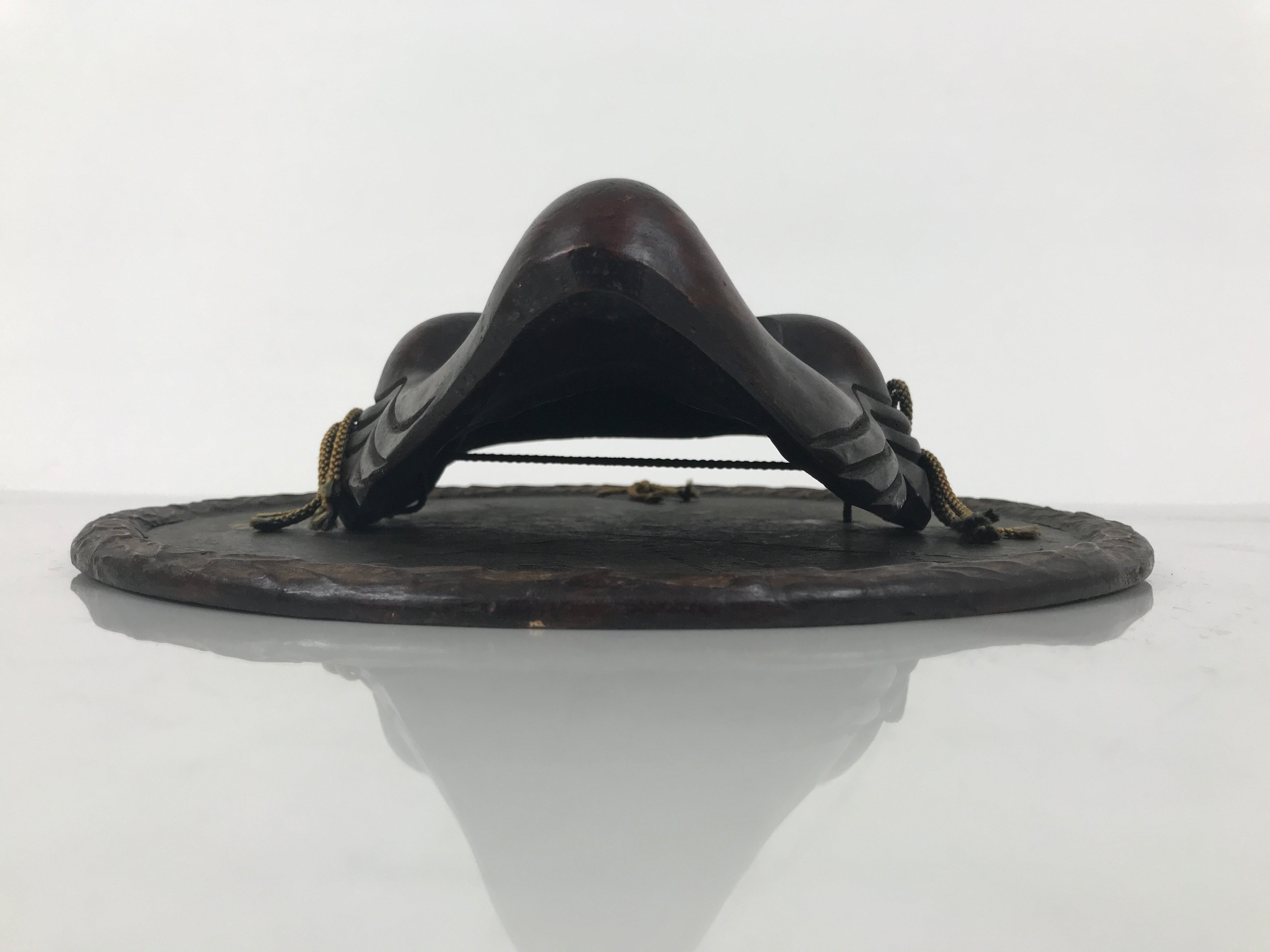Japanese Carved Wooden Noh Mask Vtg Old Man Nohmen Brown Round Stand Kagura OM97