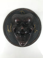 Japanese Carved Wooden Noh Mask Vtg Old Man Nohmen Brown Round Stand Kagura OM97
