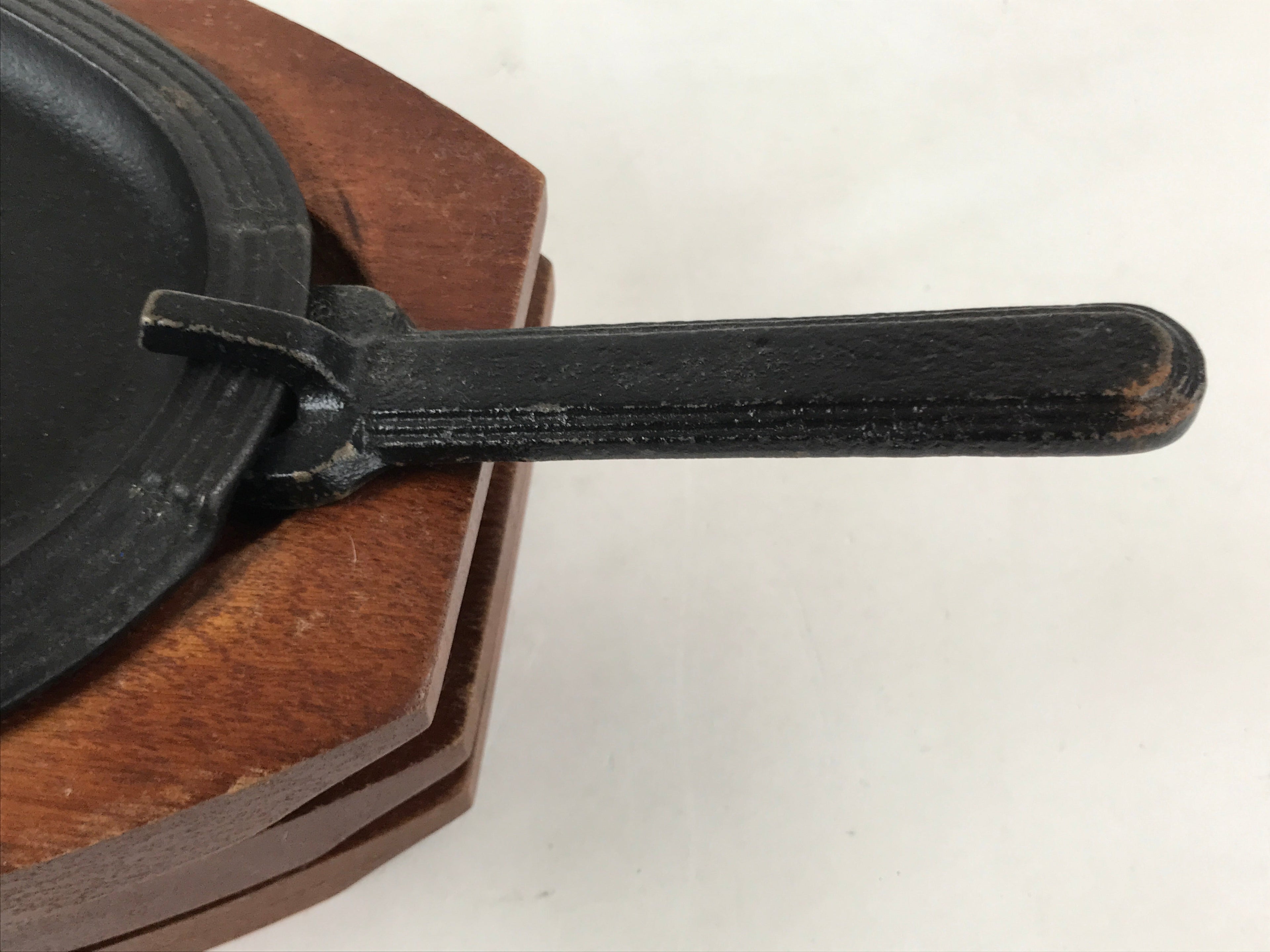 Japanese Cast Iron Skillet Pan Vtg Teppan Oval Plate Set Wood Base Handle T113