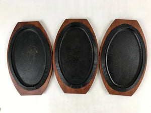 Japanese Cast Iron Skillet Pan Vtg Teppan Oval Plate Set Wood Base Handle T113