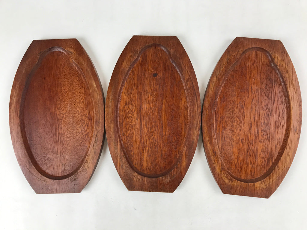 Japanese Cast Iron Skillet Pan Vtg Teppan Oval Plate Set Wood Base Handle T113