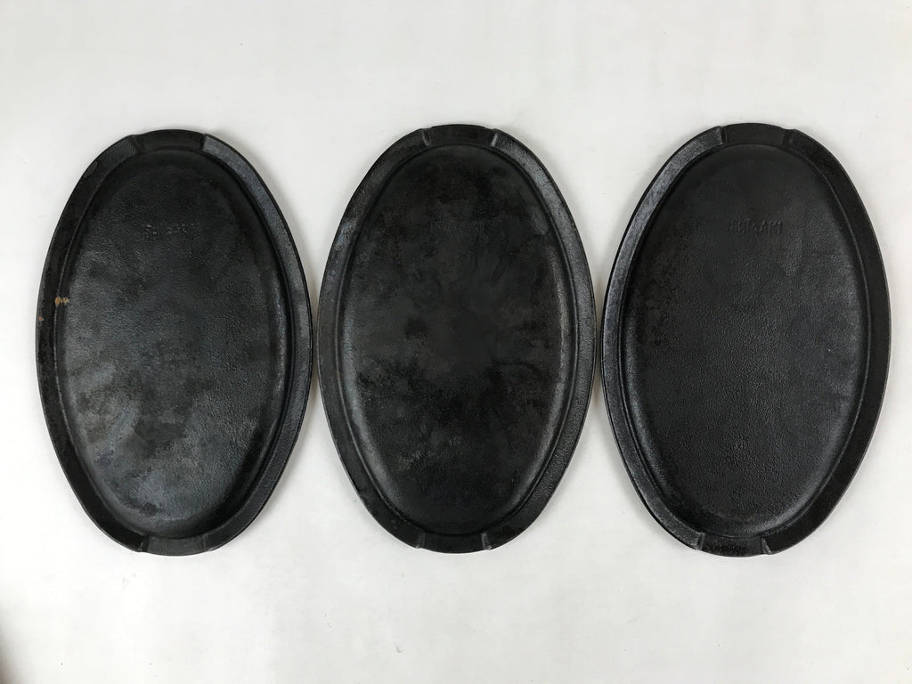Japanese Cast Iron Skillet Pan Vtg Teppan Oval Plate Set Wood Base Handle T113