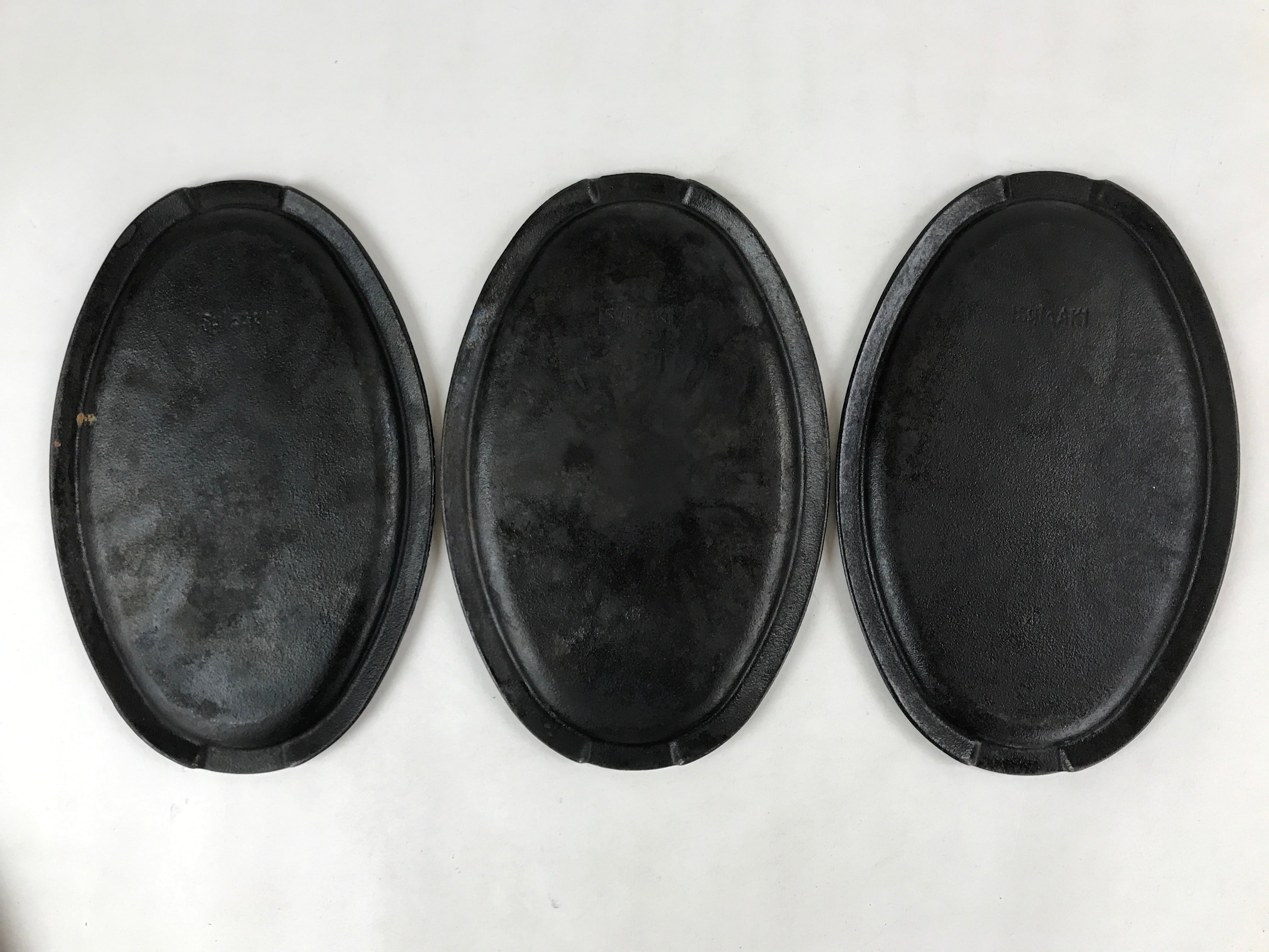 Japanese Cast Iron Skillet Pan Vtg Teppan Oval Plate Set Wood Base Handle T113