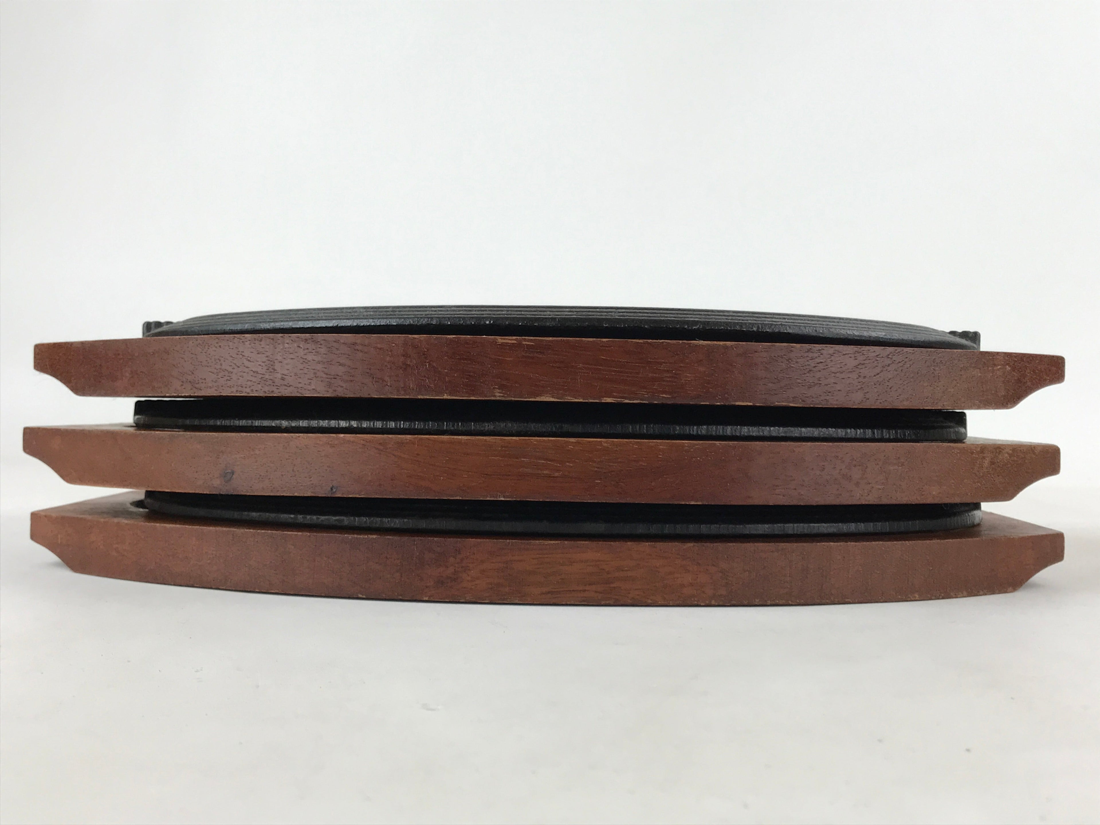 Japanese Cast Iron Skillet Pan Vtg Teppan Oval Plate Set Wood Base Handle T113
