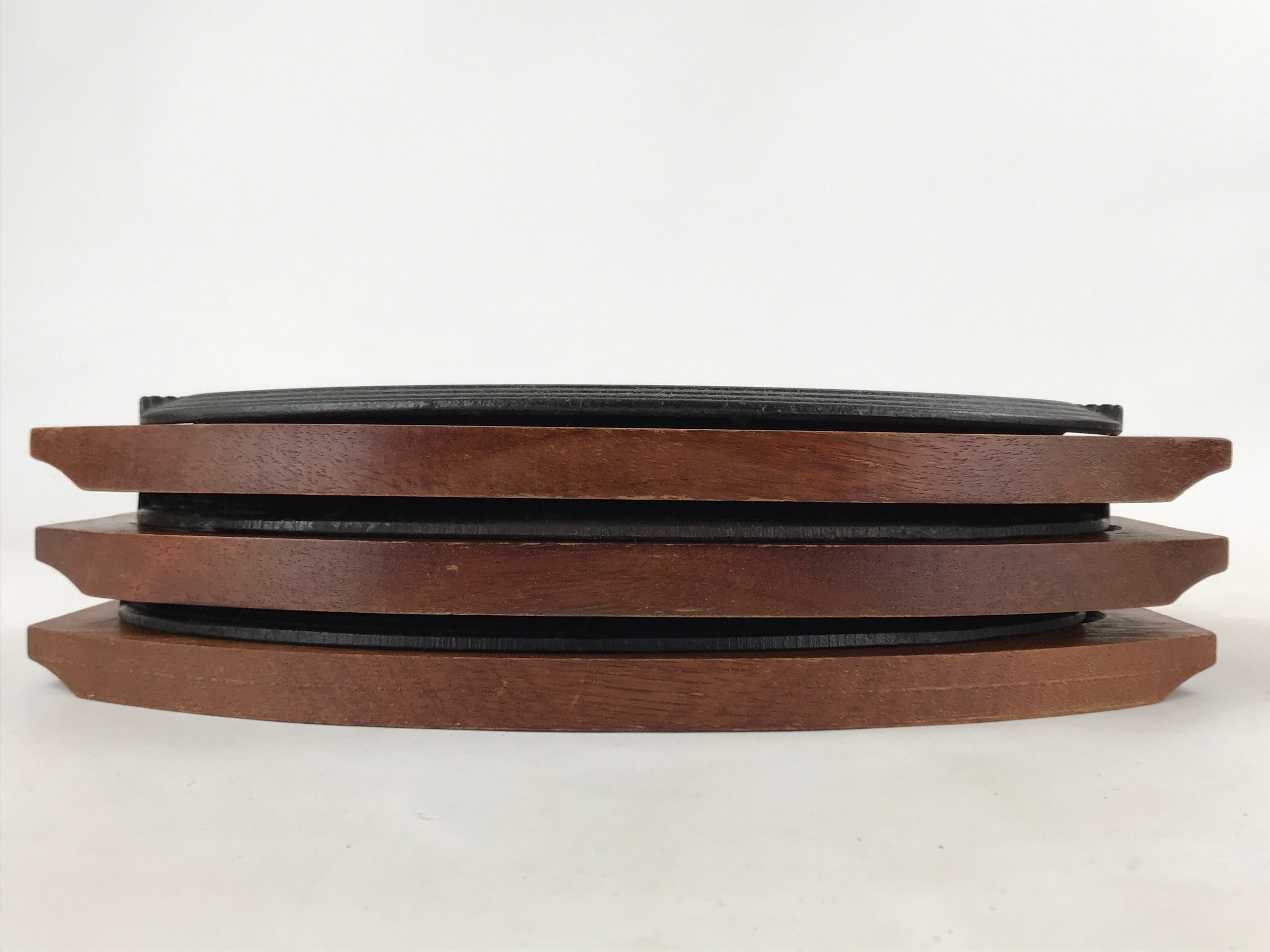 Japanese Cast Iron Skillet Pan Vtg Teppan Oval Plate Set Wood Base Handle T113