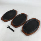 Japanese Cast Iron Skillet Pan Vtg Teppan Oval Plate Set Wood Base Handle T113