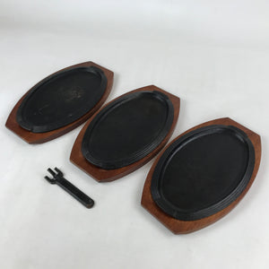 Japanese Cast Iron Skillet Pan Vtg Teppan Oval Plate Set Wood Base Handle T113